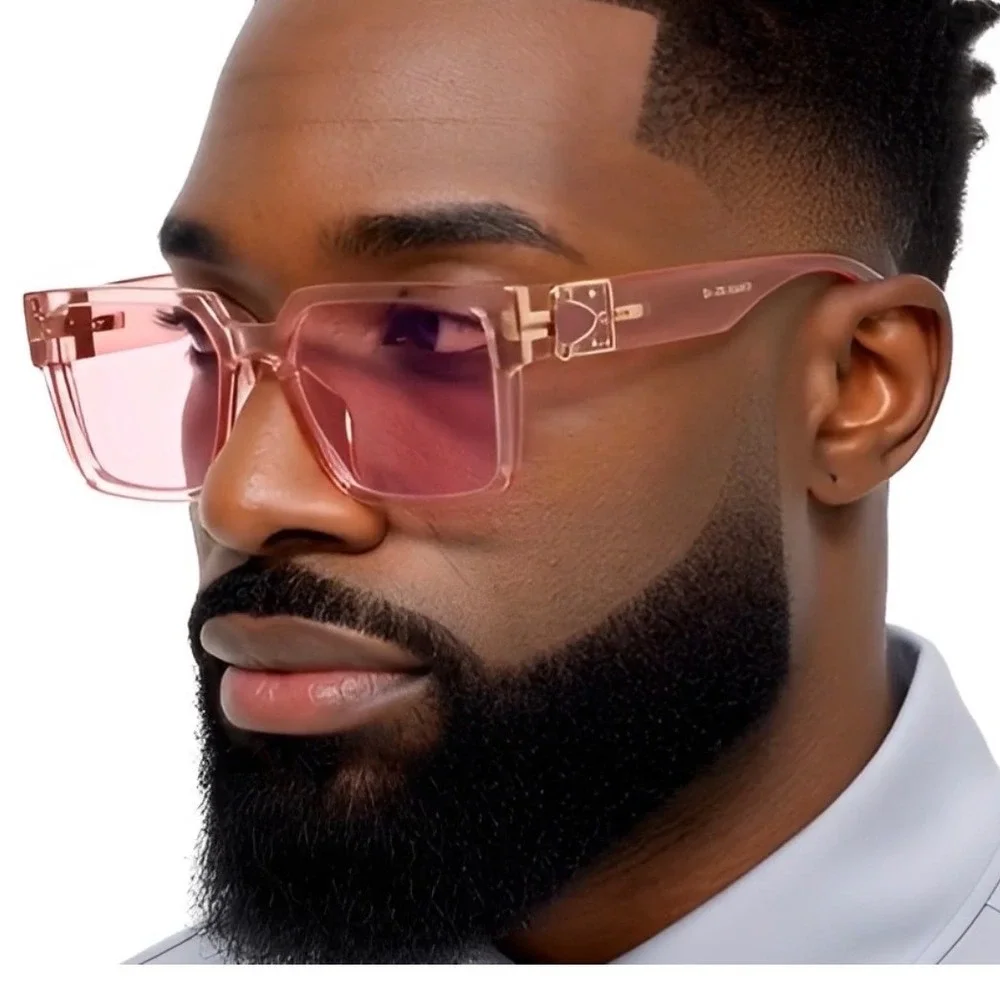 Mens Pink Square Oversized Sunglasses Gold Hardware Translucent‎ Frames Retro
